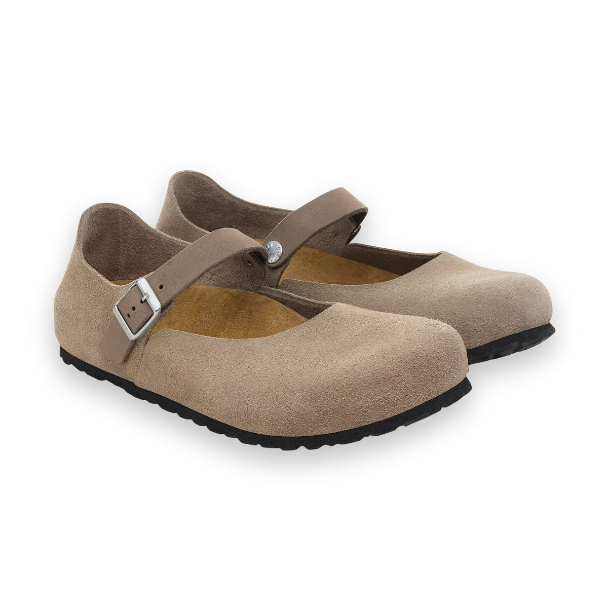 Dettaglio fibbia metallica regolabile e finitura open-selvage pelle scamosciata Birkenstock Mantova donna