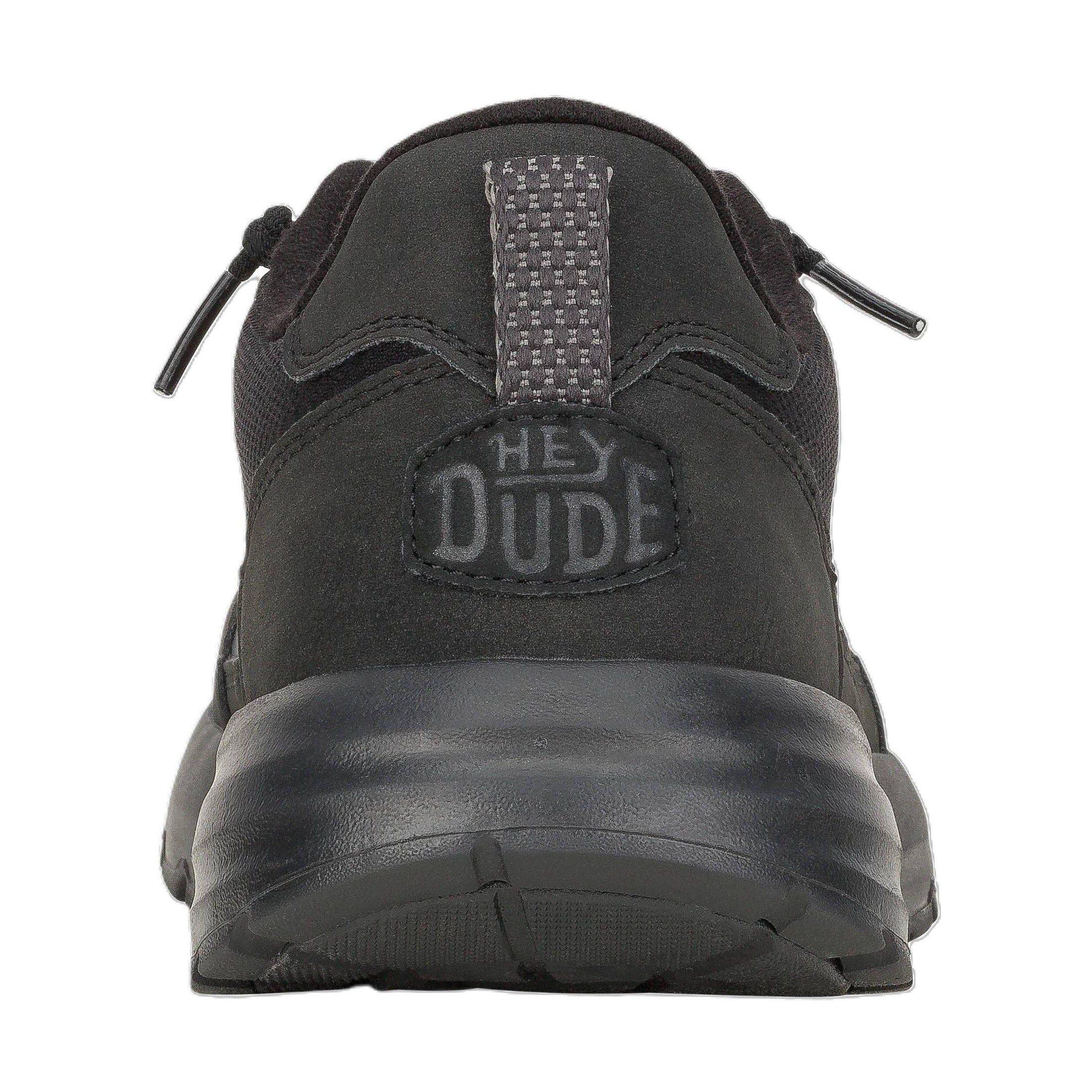Particolare del tallone strutturato con logo HeyDude e finiture tecniche.