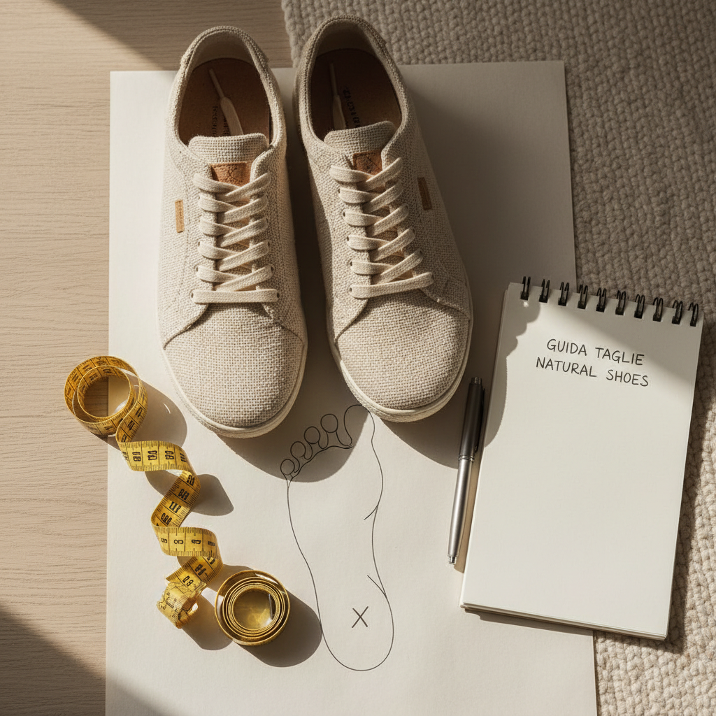 Come scegliere la taglia giusta di scarpe online – sneaker sostenibile beige accanto a un metro da sarta arrotolato su sfondo neutro