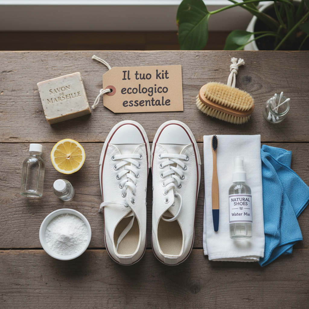 Come pulire le sneakers in modo sostenibile – sneaker chiara con spazzola in legno e panno morbido su sfondo beige naturale