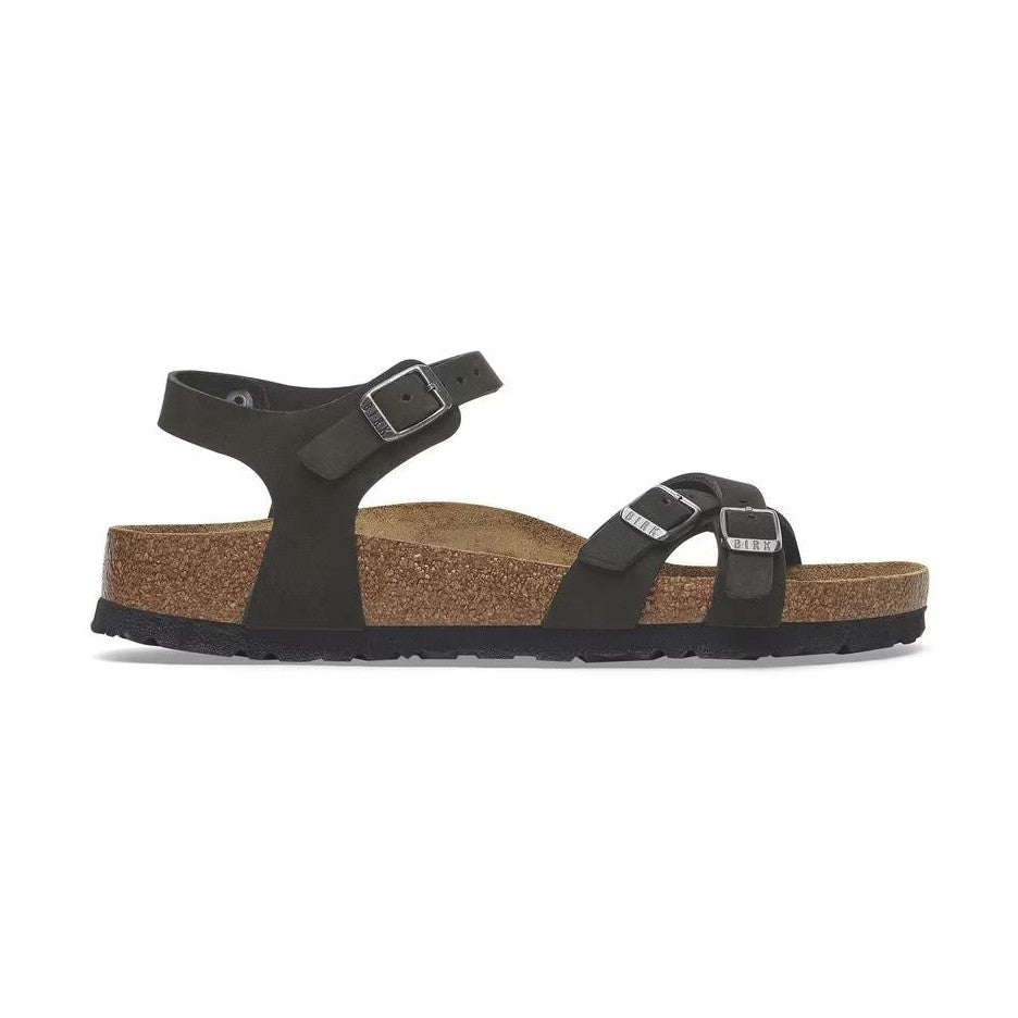 Sandalo Birkenstock Kumba donna in pelle Nubuck vellutata con cinturini incrociati e plantare morbido vista laterale