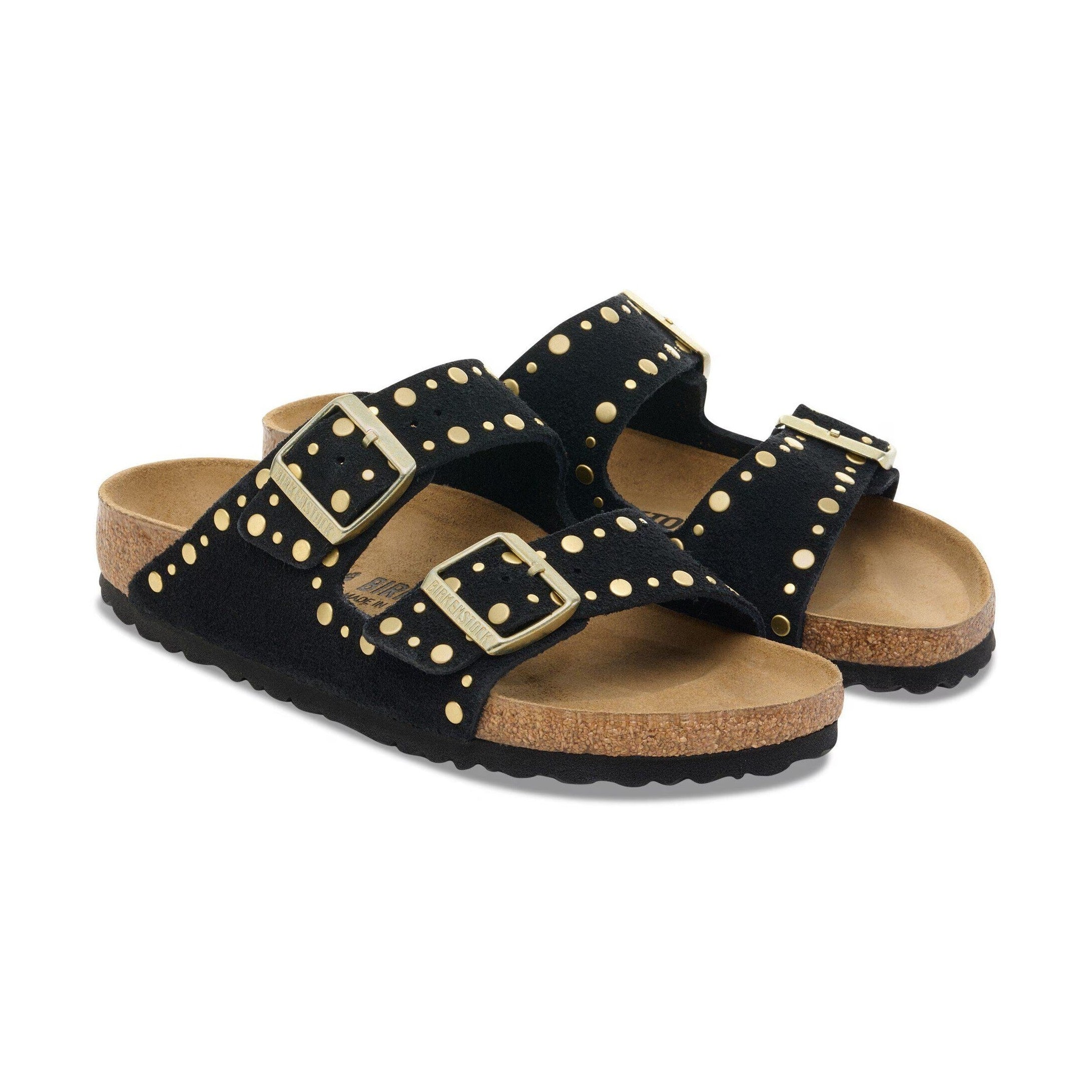 Birkenstock Arizona Rivet donna pelle scamosciata nera vista angolata due fasce