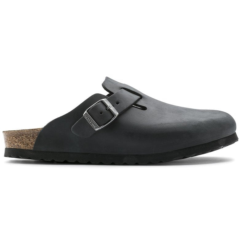 Sabot Birkenstock Boston unisex in pelle oliata nera vista laterale