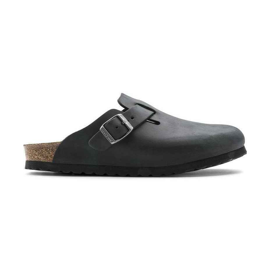 Sabot Birkenstock Boston unisex in pelle oliata nera vista laterale