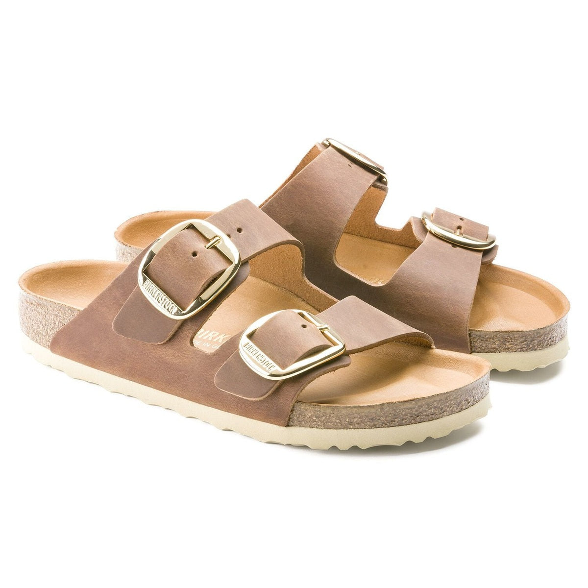 Vista laterale sandalo Birkenstock Arizona Big Buckle donna pelle oliata con suola EVA