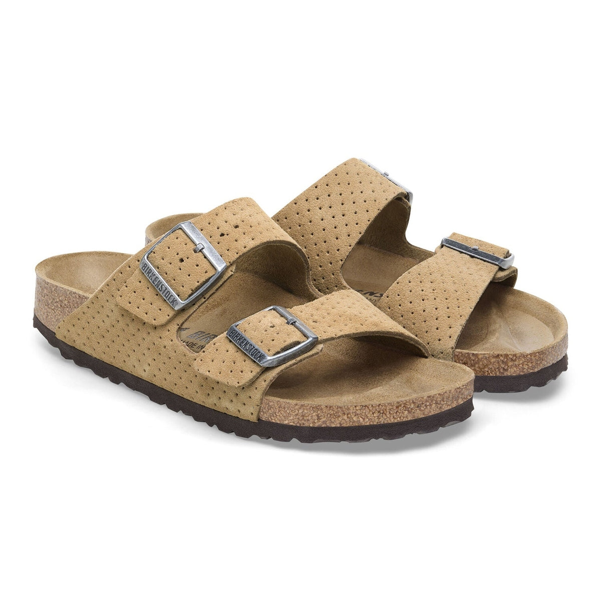 Pelle scamosciata goffrata con trama in rilievo e fibbie coordinate Birkenstock Arizona donna