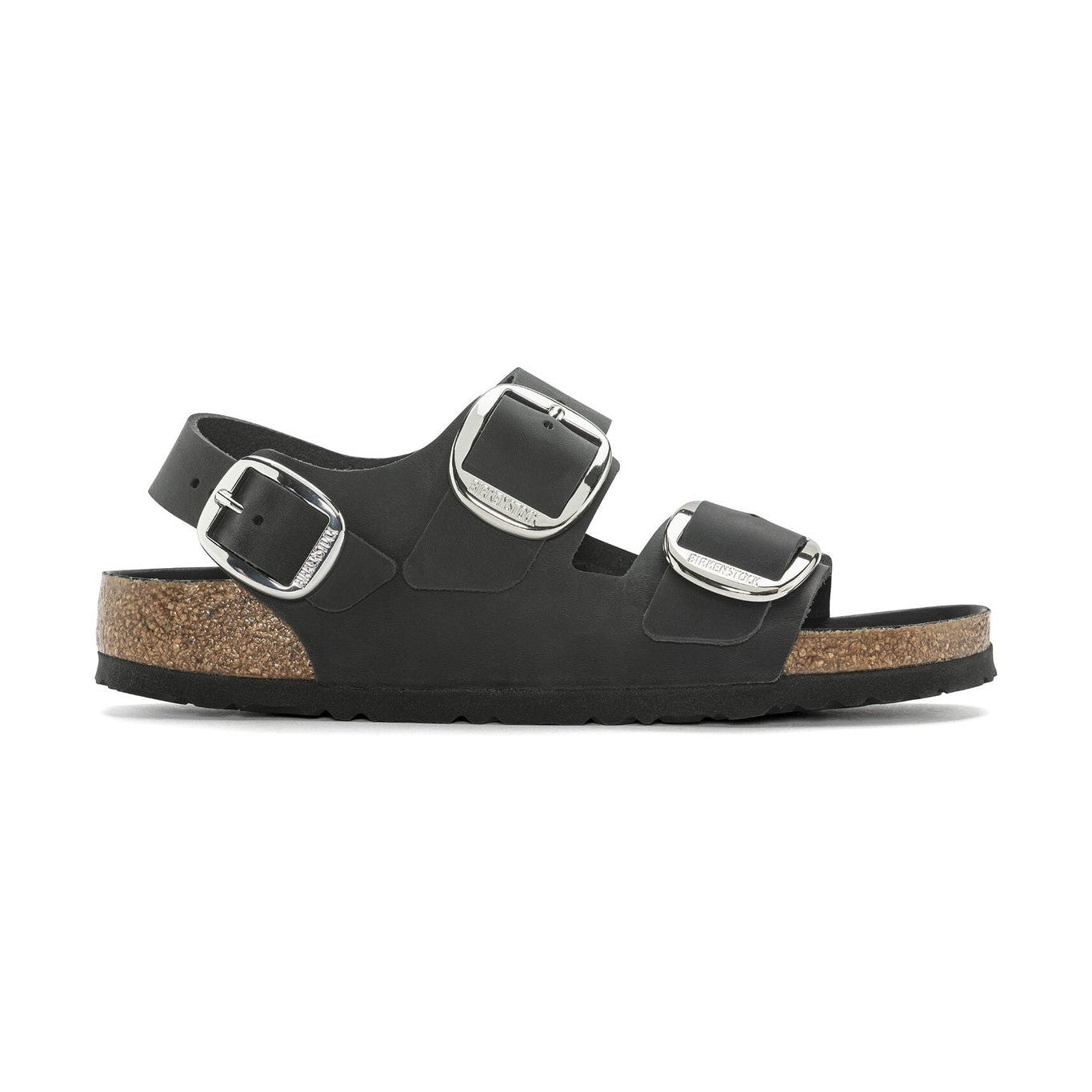 Sandalo Birkenstock Milano Big Buckle unisex in pelle nabuk oliata tre fasce con maxi fibbie vista laterale