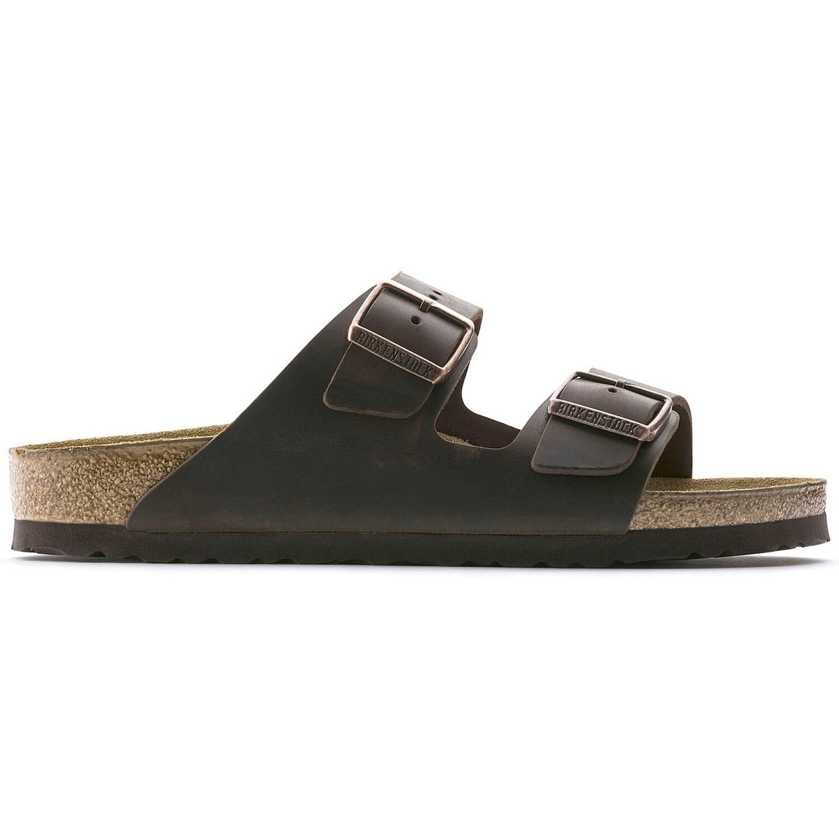 Birkenstock Arizona sandalo unisex in pelle oliata pianta larga marrone scuro vista laterale