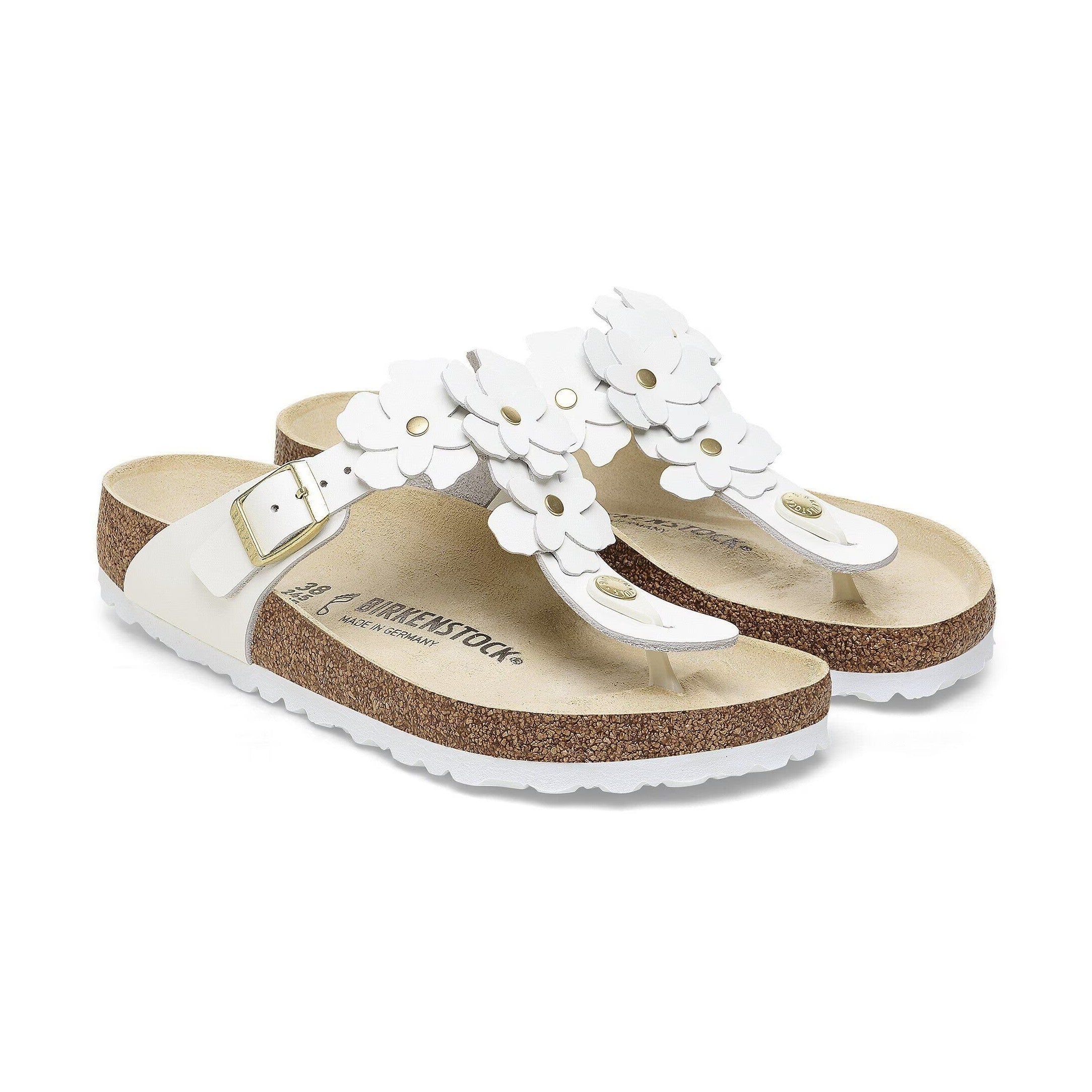 Dettaglio fiori in pelle applicati su tomaia pelle anilina Birkenstock Gizeh Flower donna