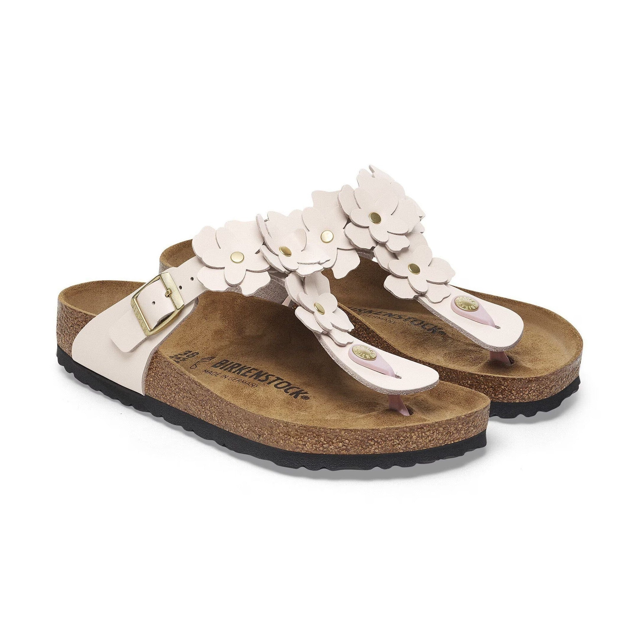 Fibbia metallica regolabile e pelle naturale con lucentezza Birkenstock Gizeh Flower donna