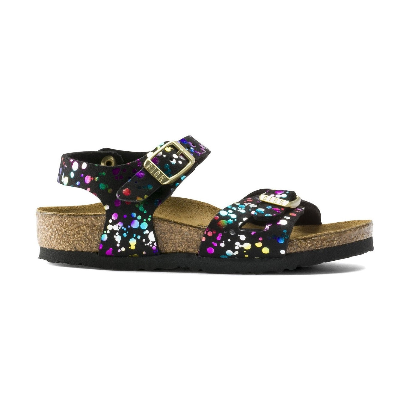 Sandalo Birkenstock Rio Kids bambina in microfibra con cinturino tallone e fantasie scintillanti vista laterale