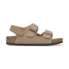 Sandalo Birkenstock Milano HL Kids bambino in pelle scamosciata con velcro tallone e fibbie regolabili vista laterale