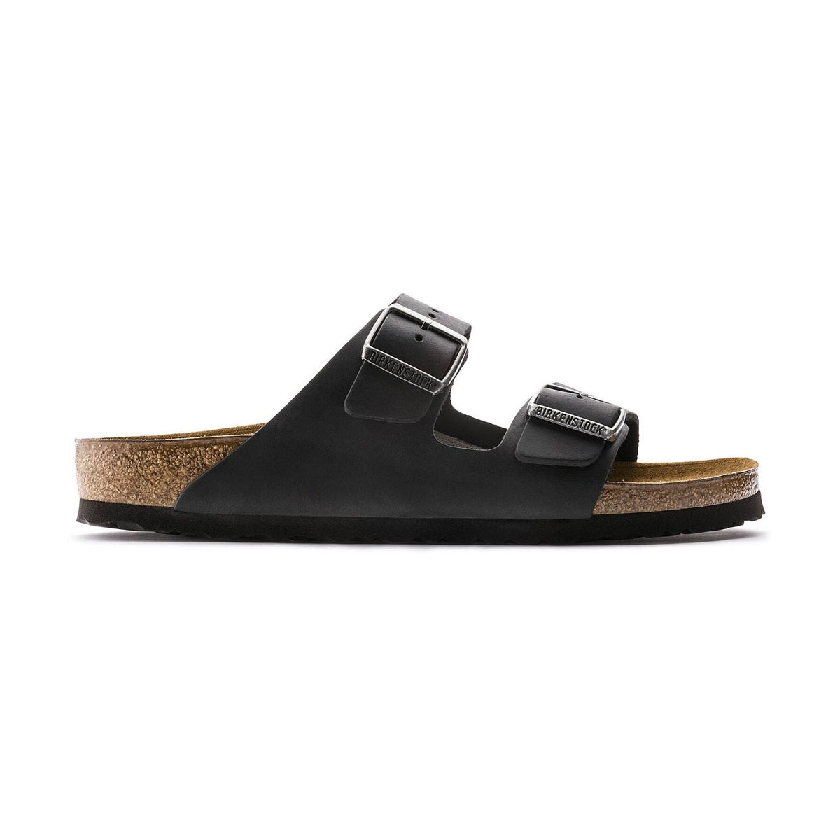 Sandalo Birkenstock Arizona unisex in pelle oliata nera vista laterale