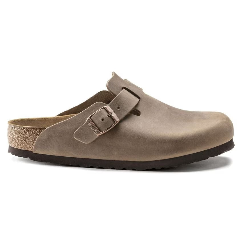 Sabot Birkenstock Boston unisex in pelle oliata taupe vista laterale