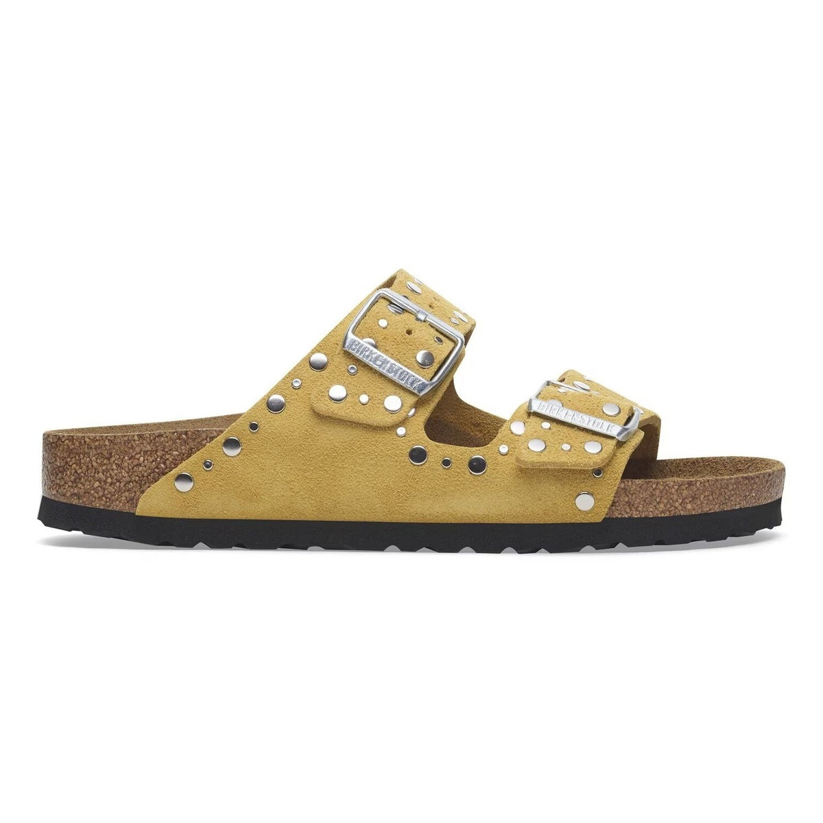 Sandalo Birkenstock Arizona Rivet donna in pelle scamosciata giallo ocra vista laterale