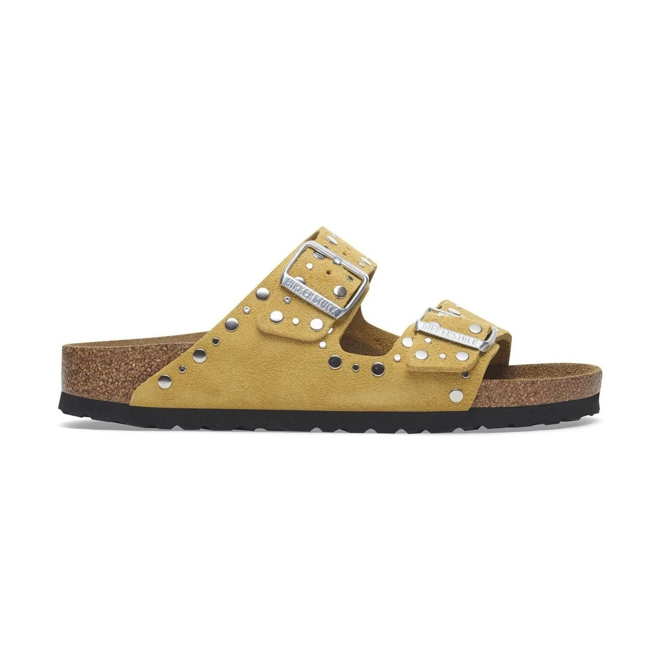 Sandalo Birkenstock Arizona Rivet donna in pelle scamosciata giallo ocra vista laterale