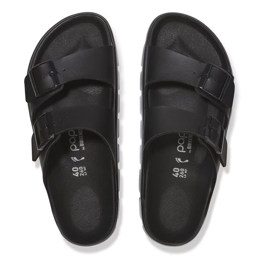 Dettaglio zeppa rialzata e fibbie metalliche dei sandali Birkenstock Arizona Papillio Chunky.