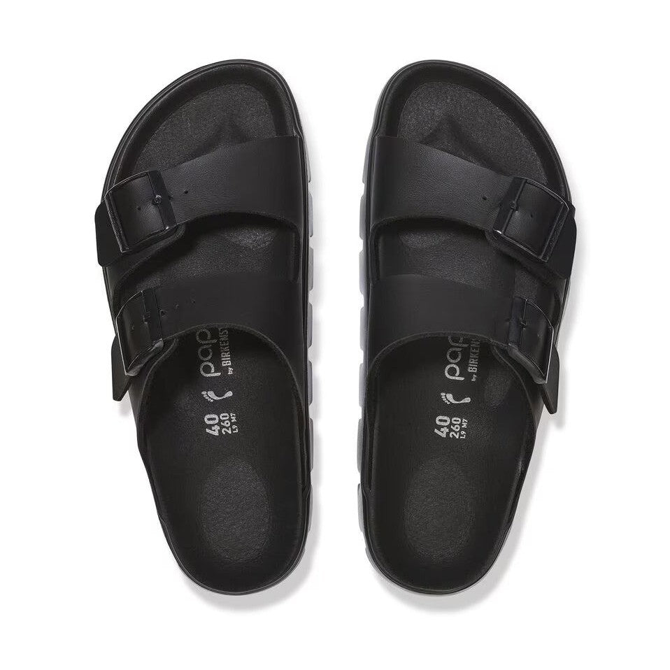 Dettaglio zeppa rialzata e fibbie metalliche dei sandali Birkenstock Arizona Papillio Chunky.