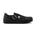 Scarpa Birkenstock London unisex in pelle nabuk oliata con tallone chiuso e fibbia laterale vista laterale