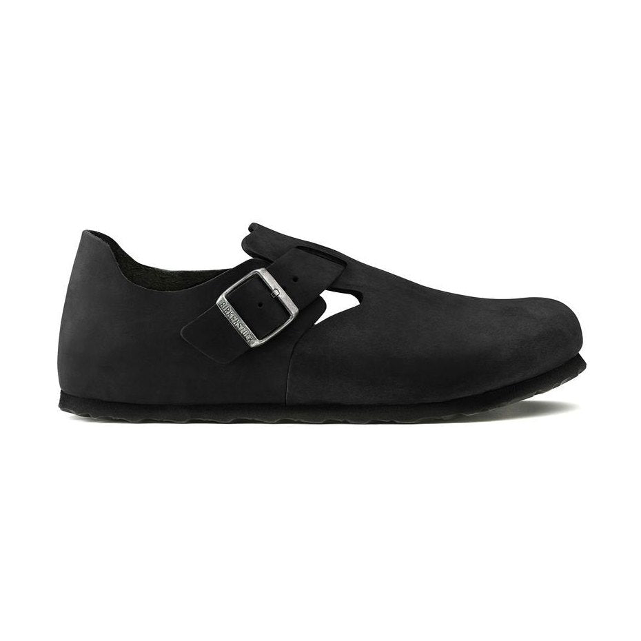 Scarpa Birkenstock London unisex in pelle nabuk oliata con tallone chiuso e fibbia laterale vista laterale
