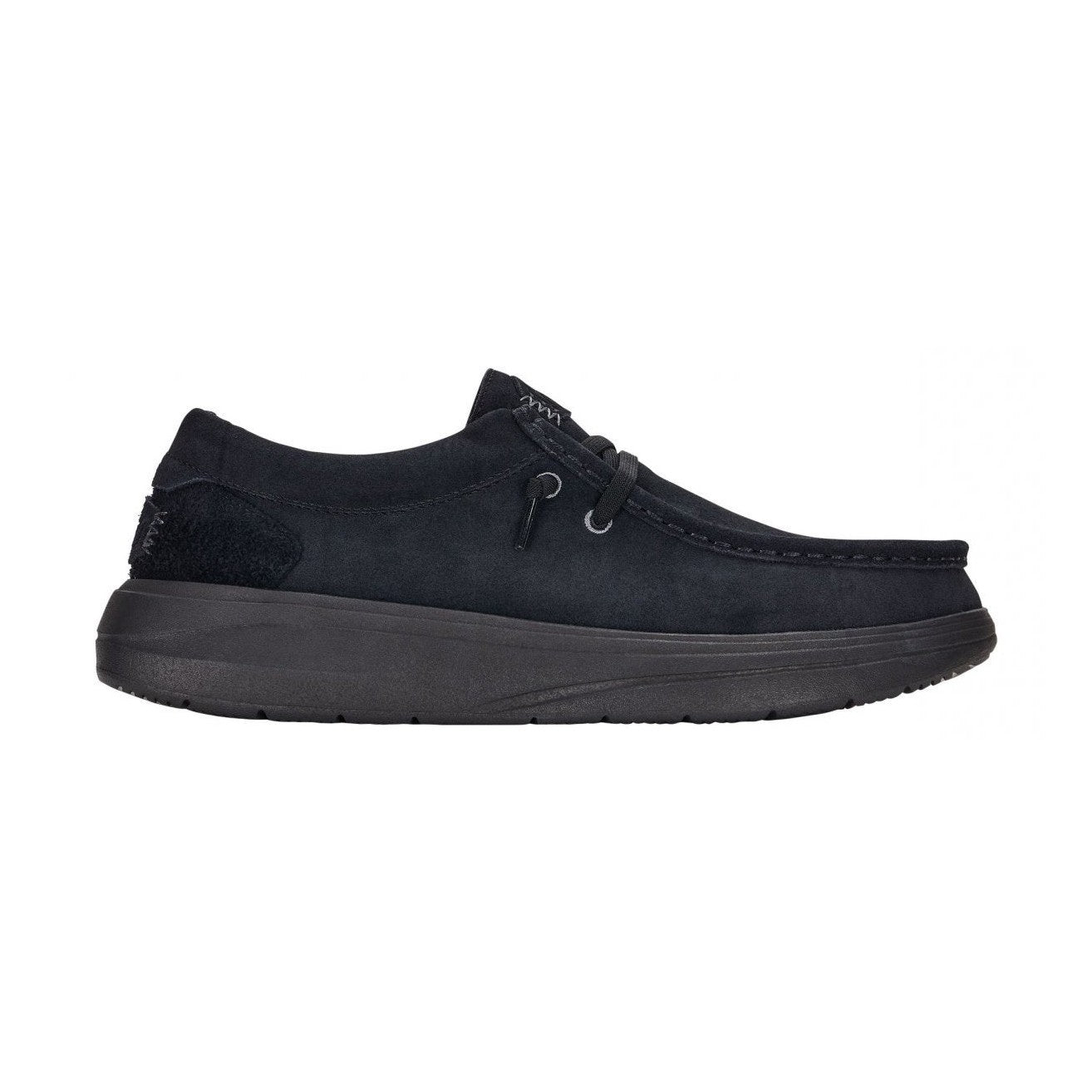 Mocassini da uomo HeyDude Wally Comf Suede in morbida pelle scamosciata nera.