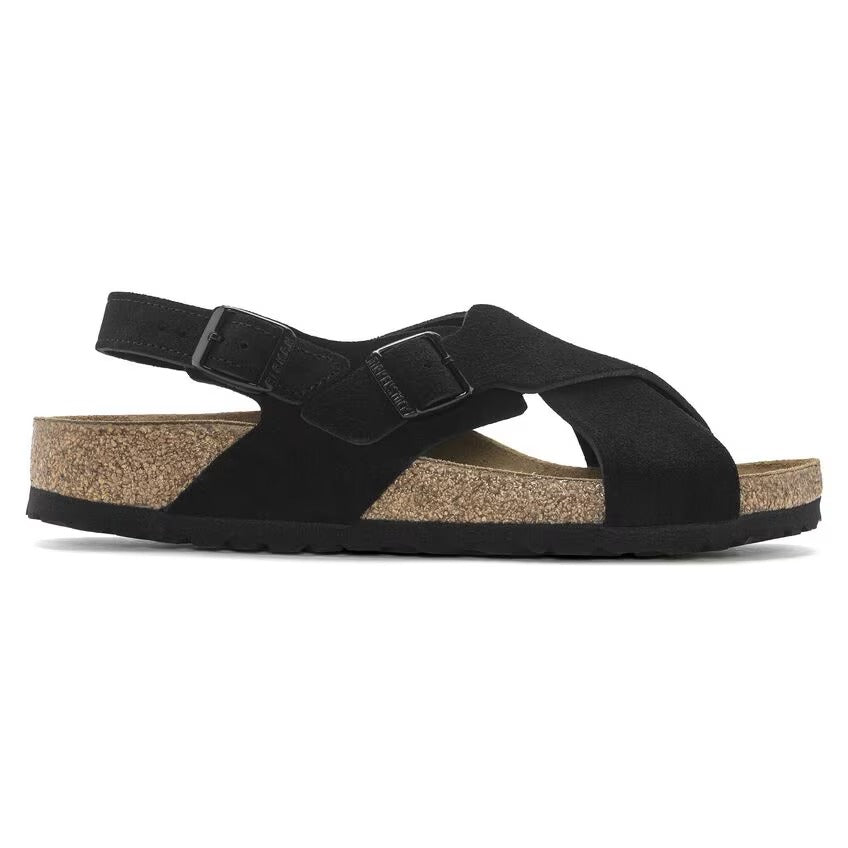 Sandalo Birkenstock Tulum donna con cinturini incrociati in pelle scamosciata e nabuk vista laterale