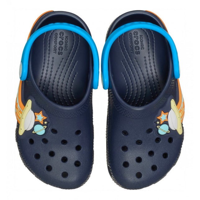 Children’s Crocs Classic UFO Lights Clog T angled view showing light-up UFO patch and heel strap"