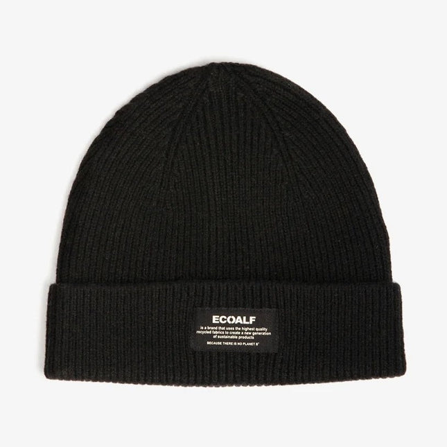 Ecoalf Wool Beanie fronte con lavorazione a coste fine e dettaglio etichetta laterale