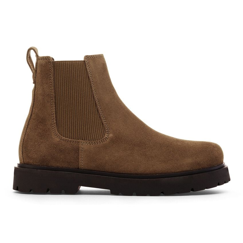 Stivaletto Birkenstock Highwood Slip On uomo in pelle scamosciata con elastici laterali e profilo sughero vista laterale