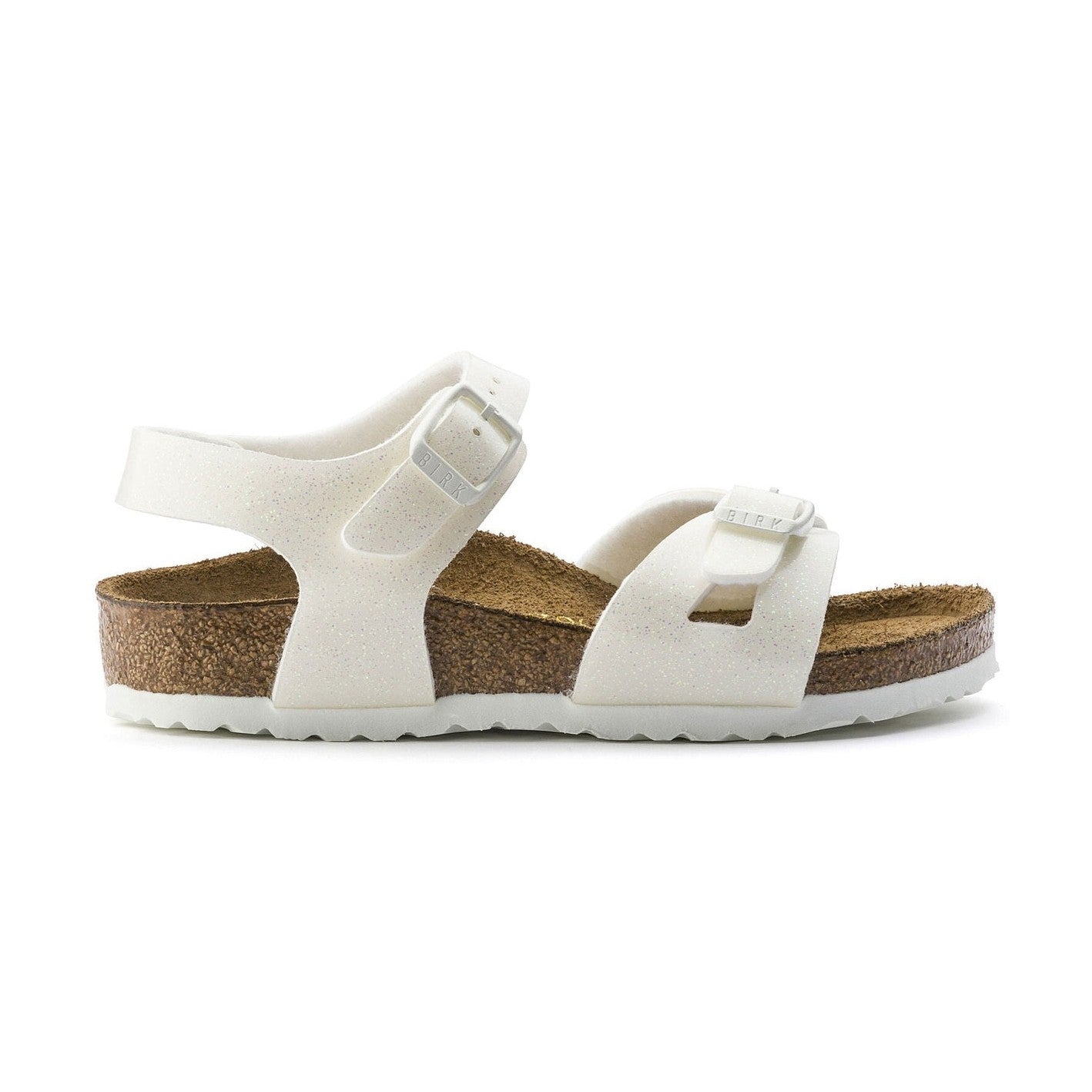 Profilo sughero e dettaglio fibbia metallica Birkenstock Rio Kids bambina