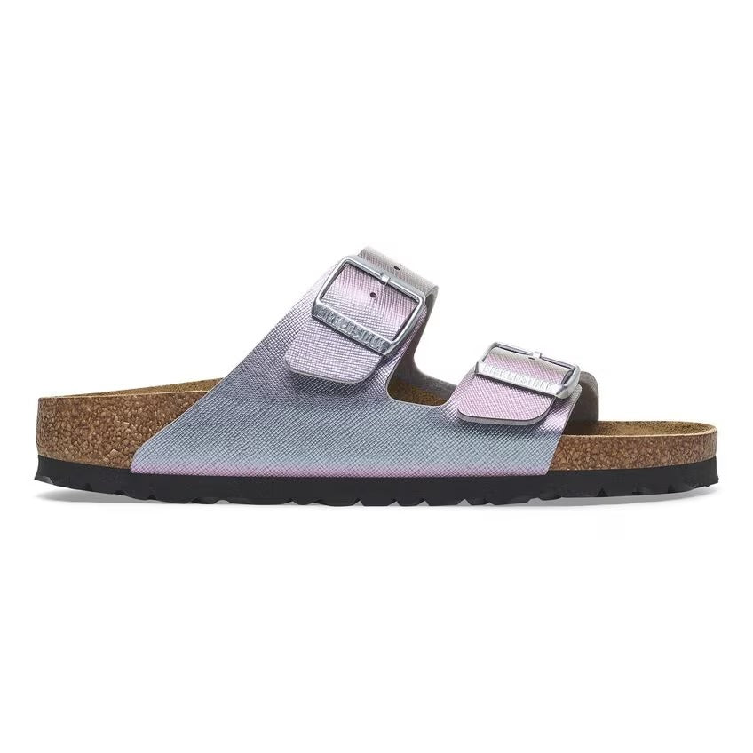 Sandalo Birkenstock Arizona donna in Birko-Flor con finitura Saffiano trama incrociata vista laterale