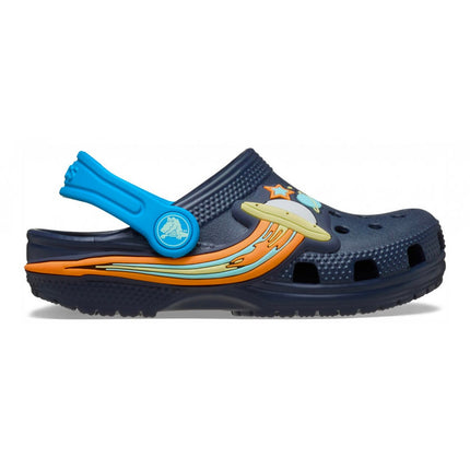 Kids’ Crocs Classic UFO Lights Clog T side view with black Croslite and LED spaceship patch"