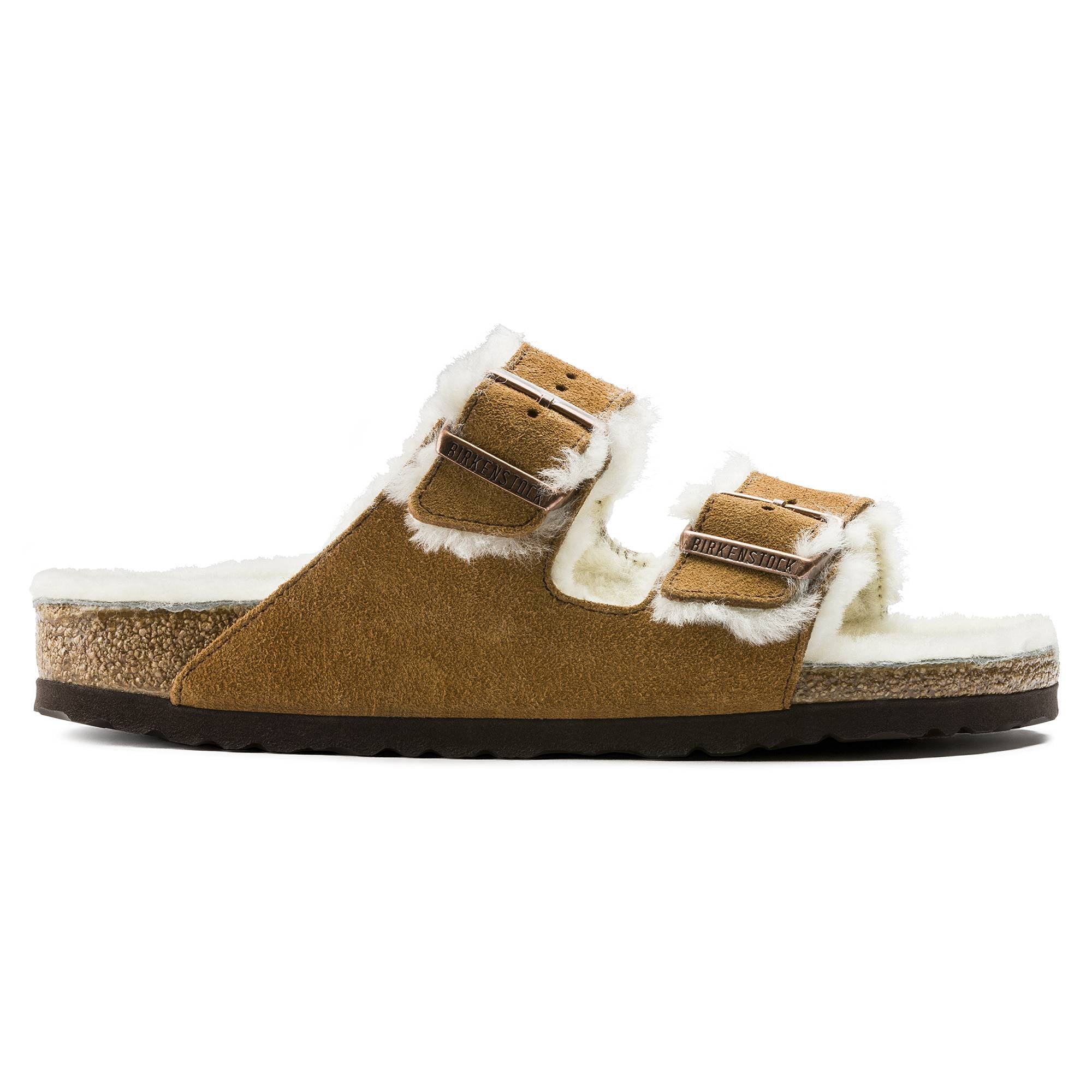 Sandalo Birkenstock Arizona Shearling unisex in pelle scamosciata con pelliccia di agnello vista laterale