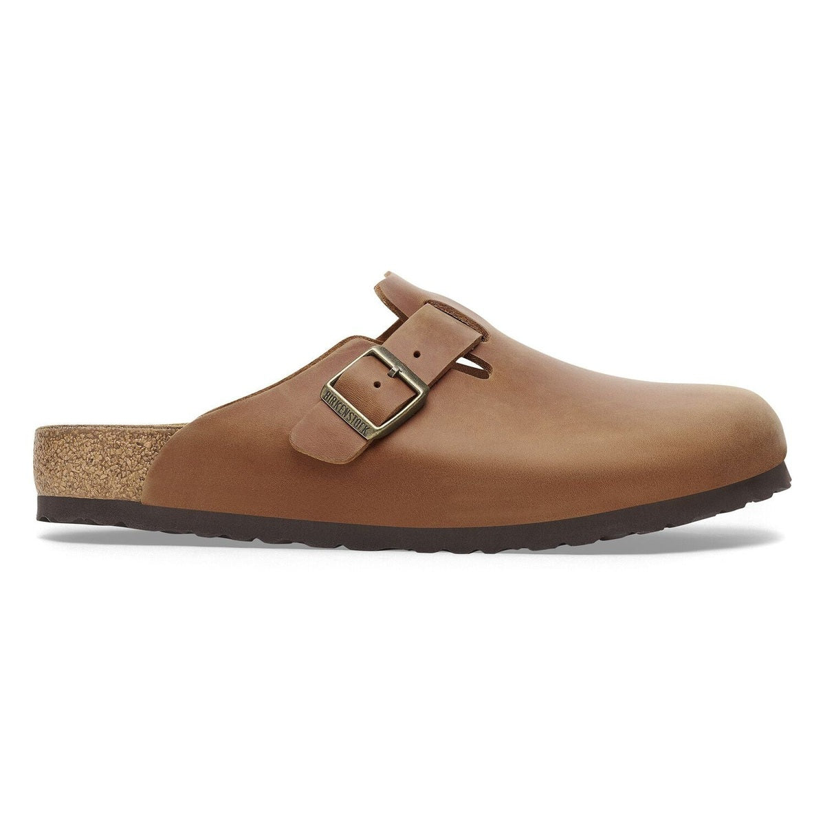 Sabot Birkenstock Boston unisex in pelle oliata cognac vista laterale