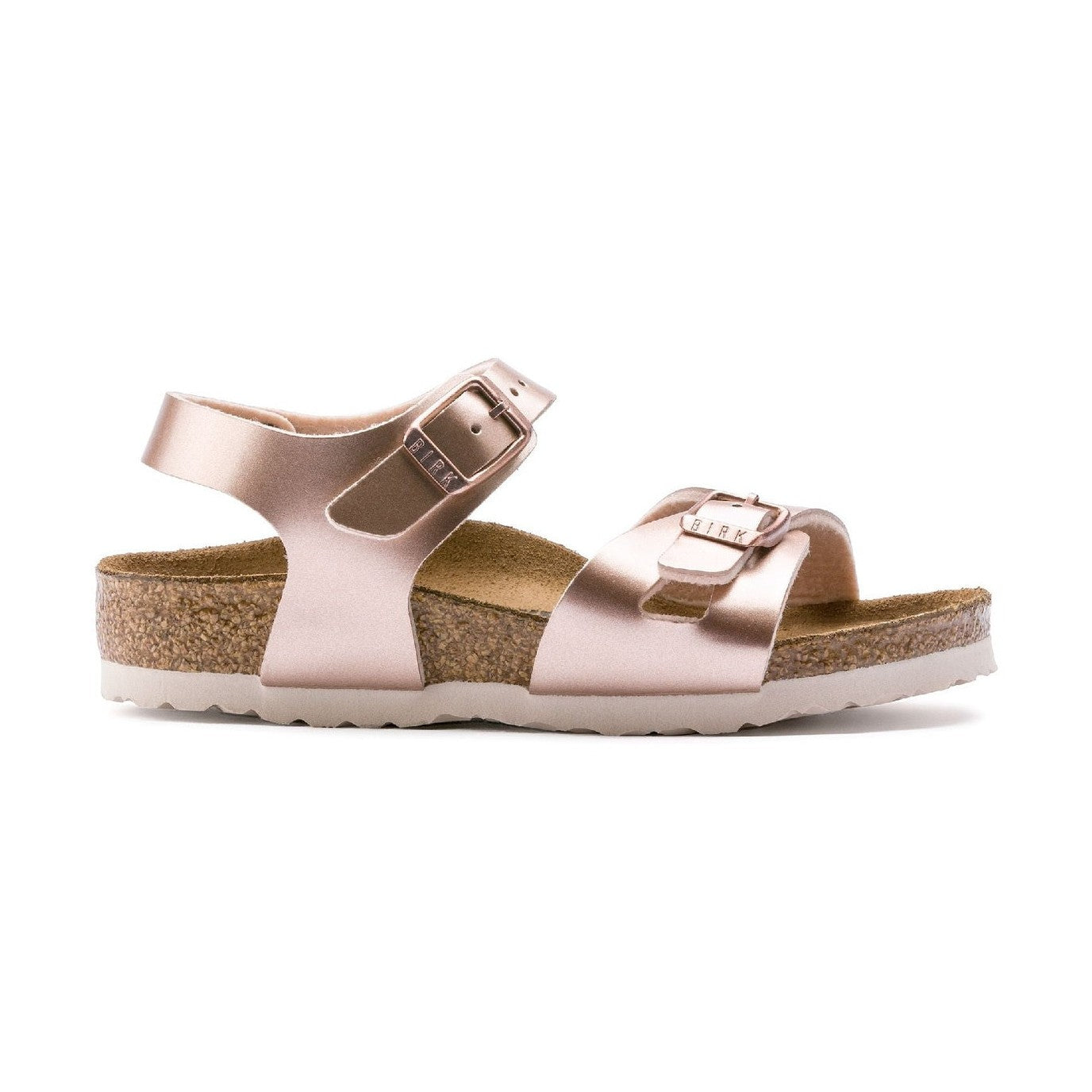 Sandalo Birkenstock Rio Kids bambina in Birko-Flor Metallic finitura brillante vista laterale