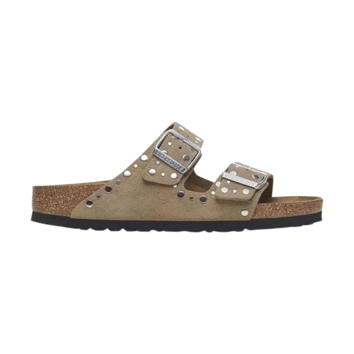Sandalo Birkenstock Arizona Rivet donna in pelle scamosciata tortora vista laterale