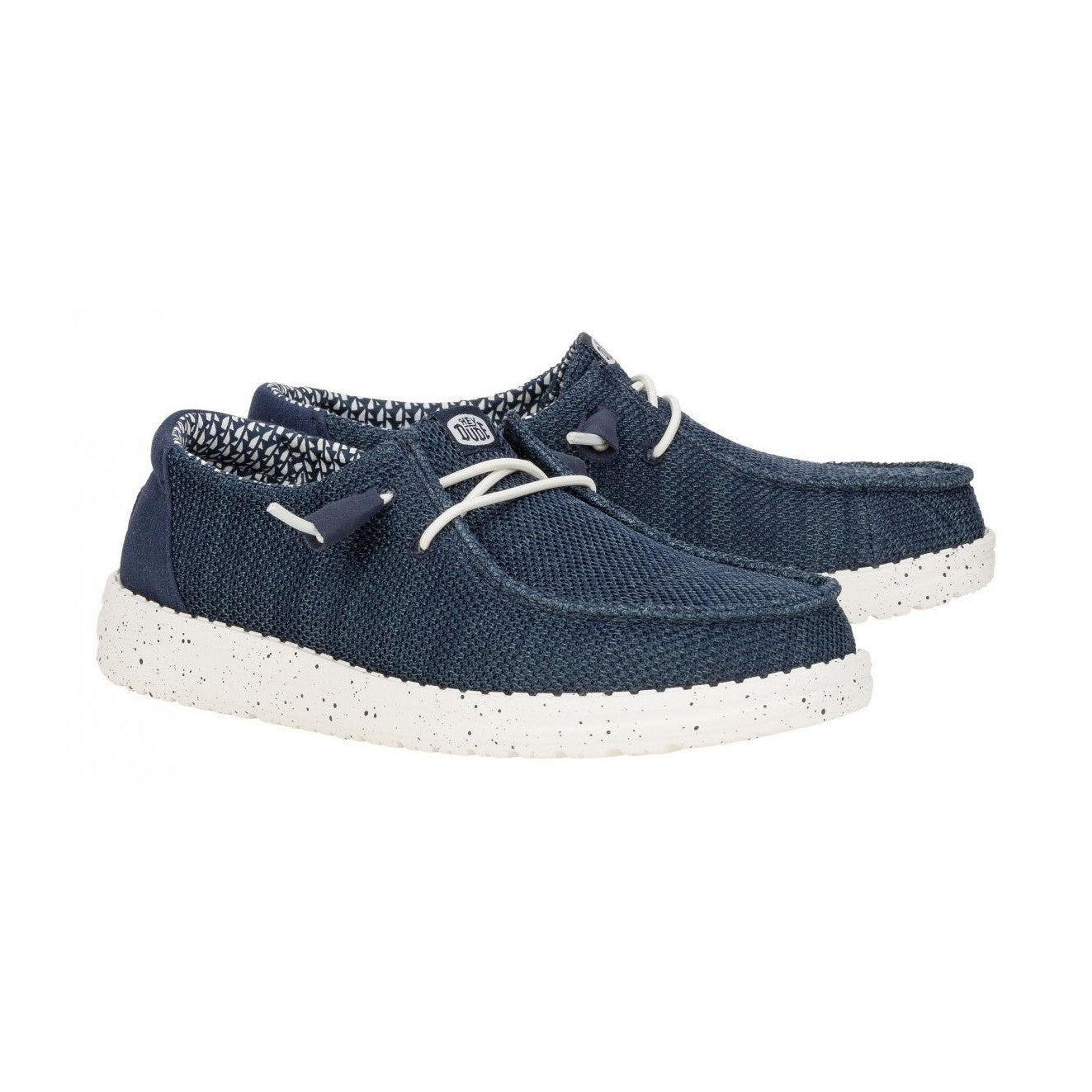 Mocassini da donna HeyDude Wendy Stretch Sox in tessuto elasticizzato blu navy.