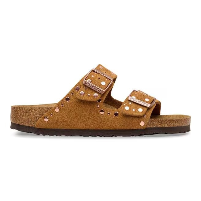 Sandalo Birkenstock Arizona Rivet donna in pelle scamosciata cuoio vista laterale
