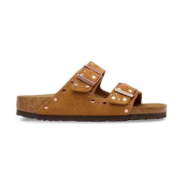 Sandalo Birkenstock Arizona Rivet donna in pelle scamosciata cuoio vista laterale
