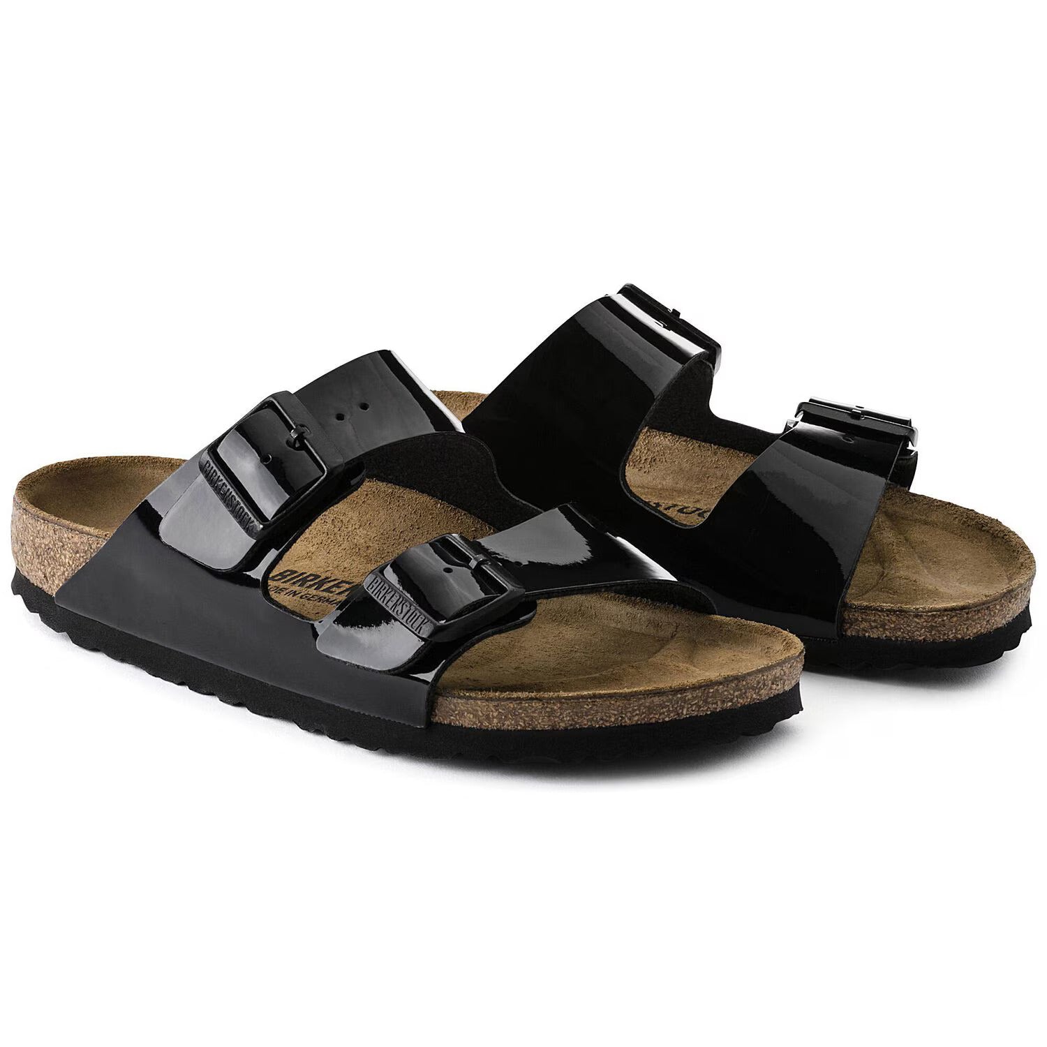 Dettaglio della giunzione tra la tomaia in Birko-Flor e il plantare in sughero dei sandali Birkenstock Arizona.