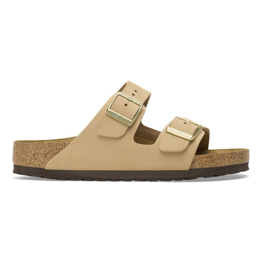 Sandalo Birkenstock Arizona donna in pelle Nubuck vellutata con plantare morbido vista laterale