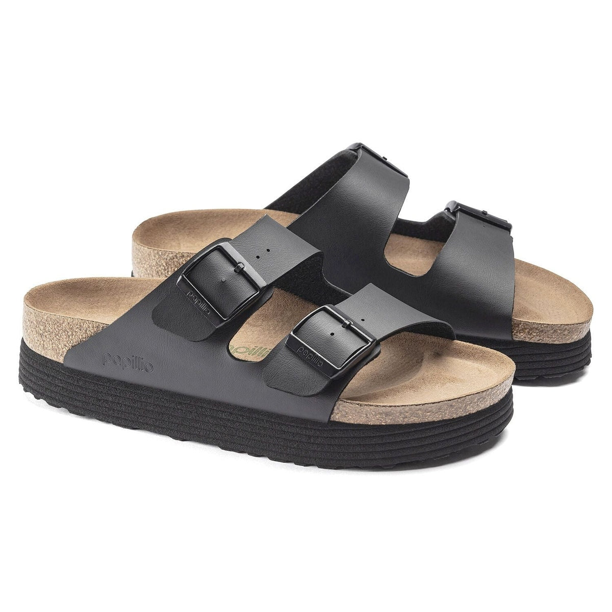 Birkenstock Arizona Papillio Flex Platform donna neri in vista angolata con doppia fascia