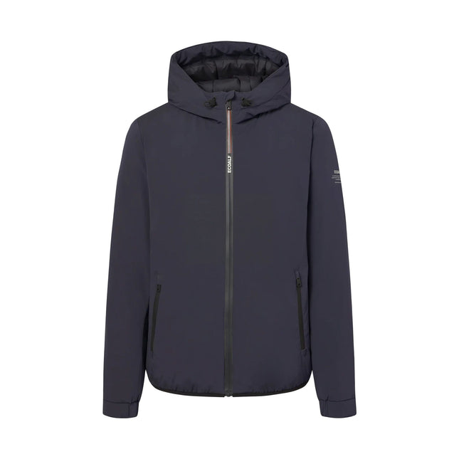 Ecoalf Cartes Giacca Uomo Sostenibile vista frontale con cappuccio regolabile e zip chiusa