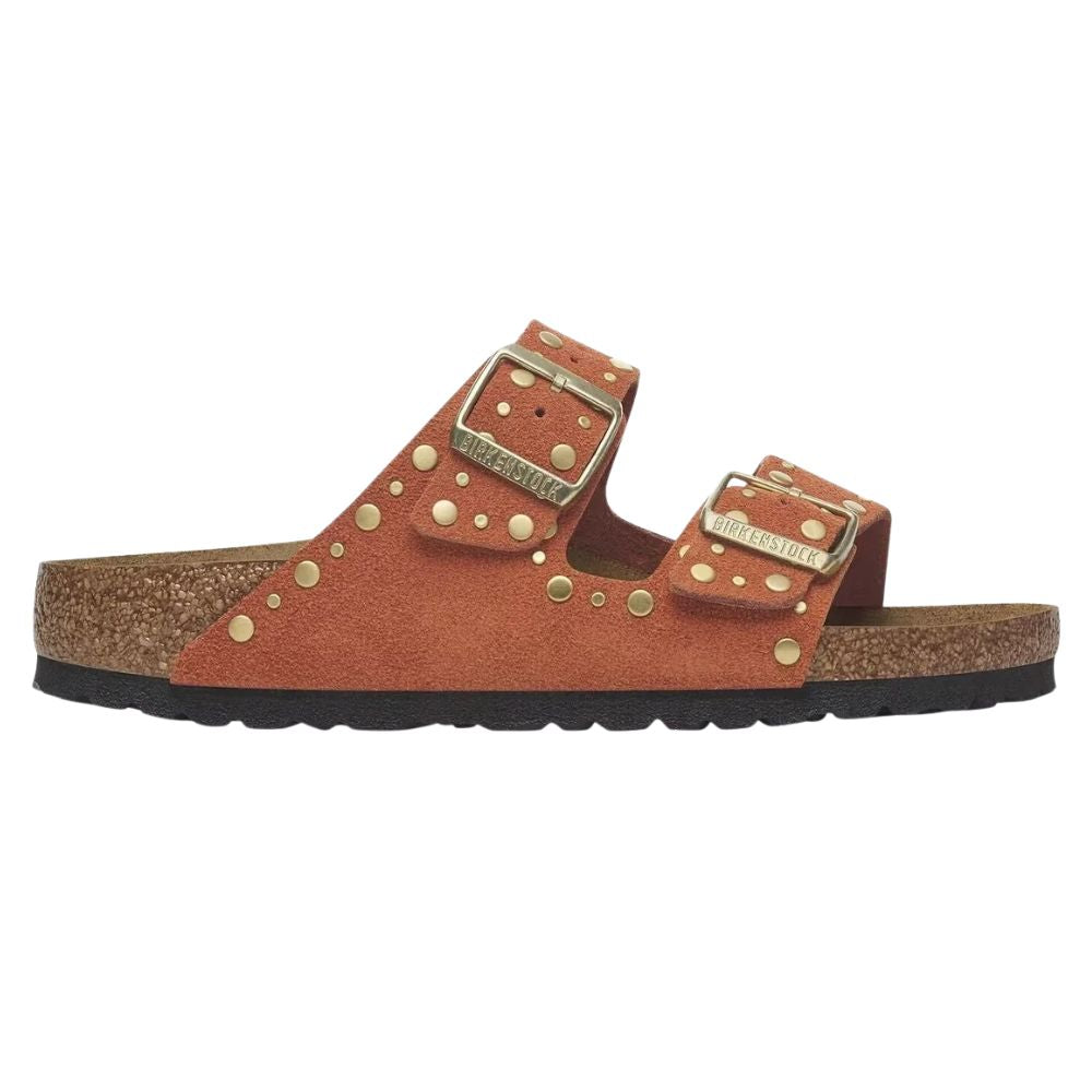 Sandalo Birkenstock Arizona Rivet donna in pelle scamosciata arancione vista laterale