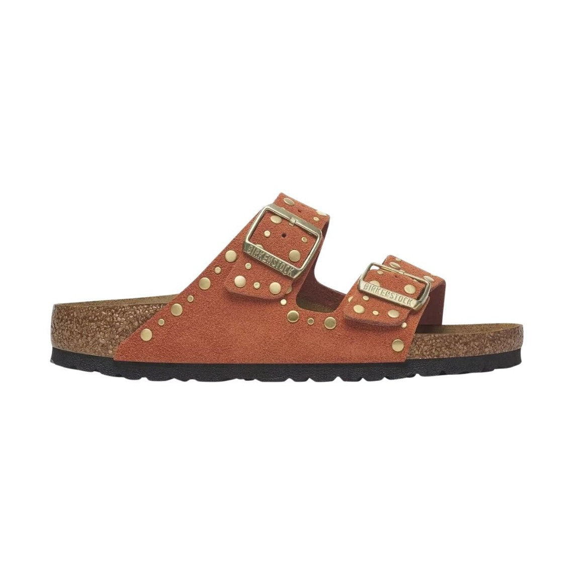 Sandalo Birkenstock Arizona Rivet donna in pelle scamosciata arancione vista laterale