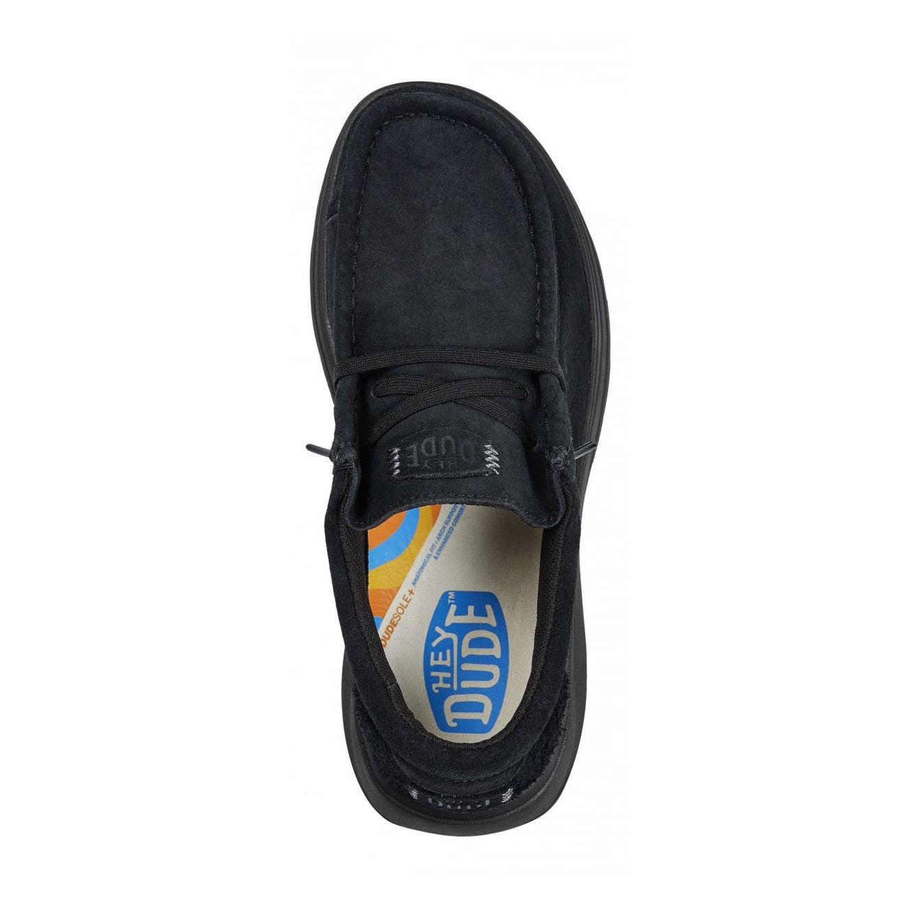 Particolare del tallone con rinforzo in suede e logo HeyDude discreto.