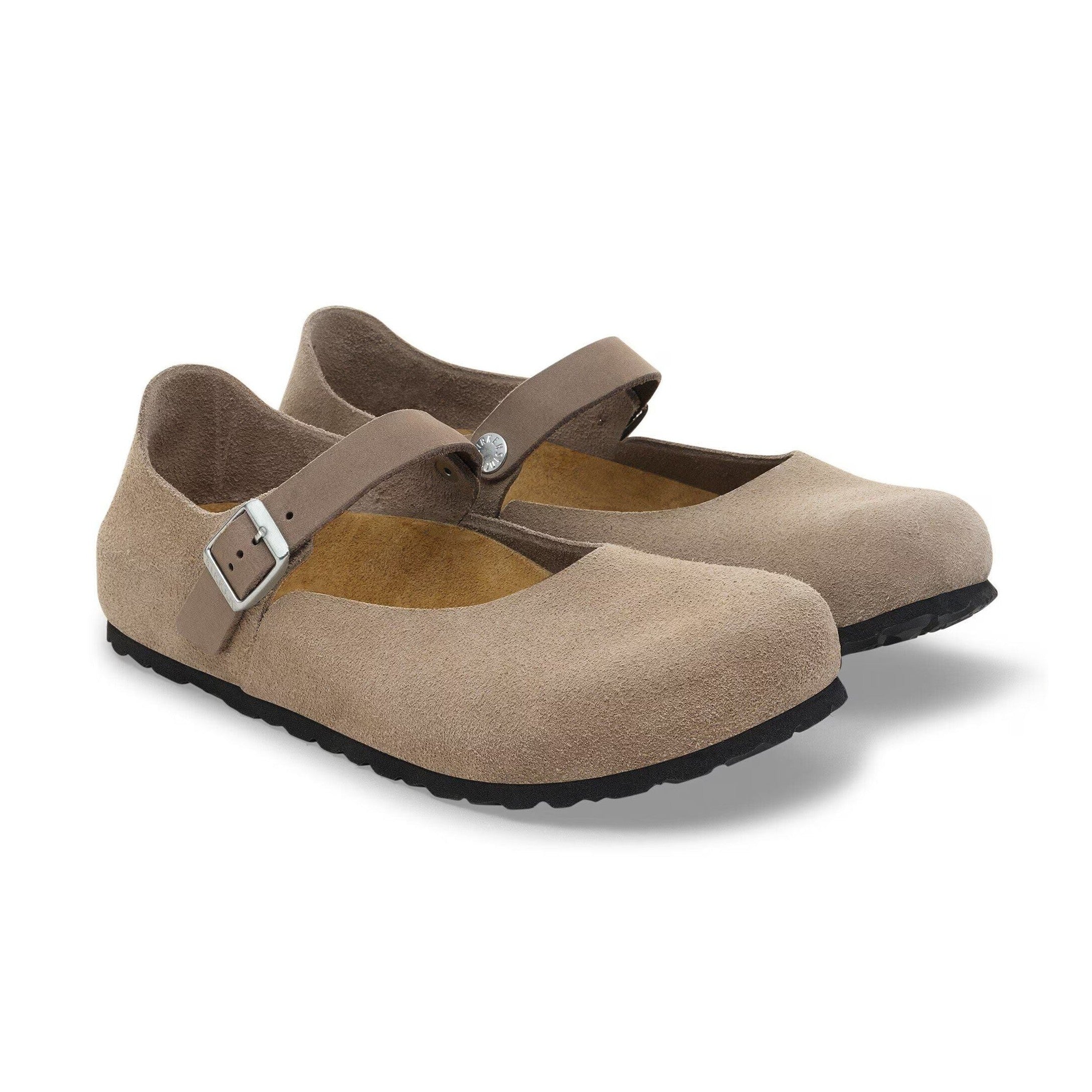 Dettaglio fibbia metallica regolabile e finitura open-selvage pelle scamosciata Birkenstock Mantova donna